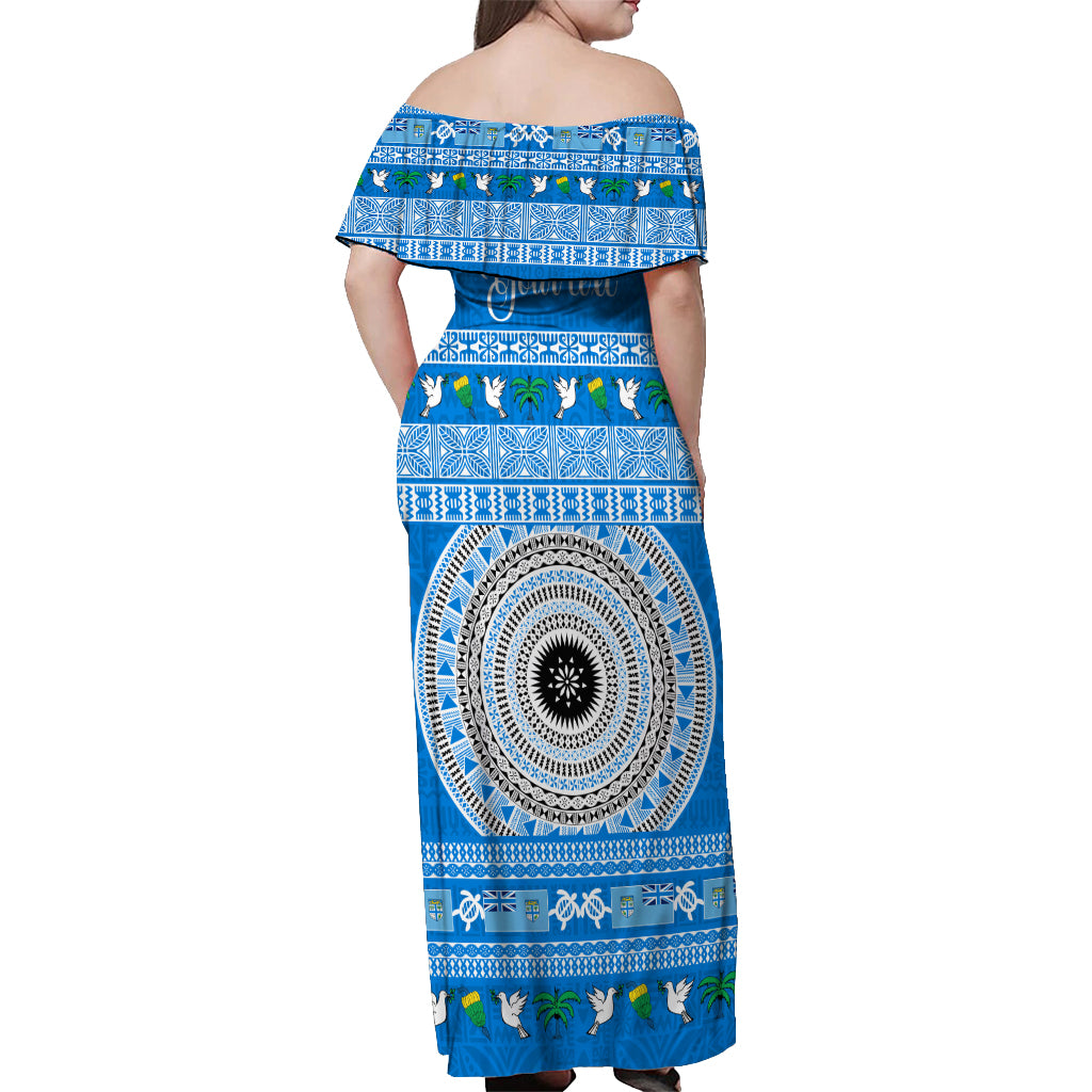 Personalised Fiji Marau Na Kerisimasi Off Shoulder Maxi Dress Merry Christmas Tapa Pattern Blue Style LT9 - Polynesian Pride