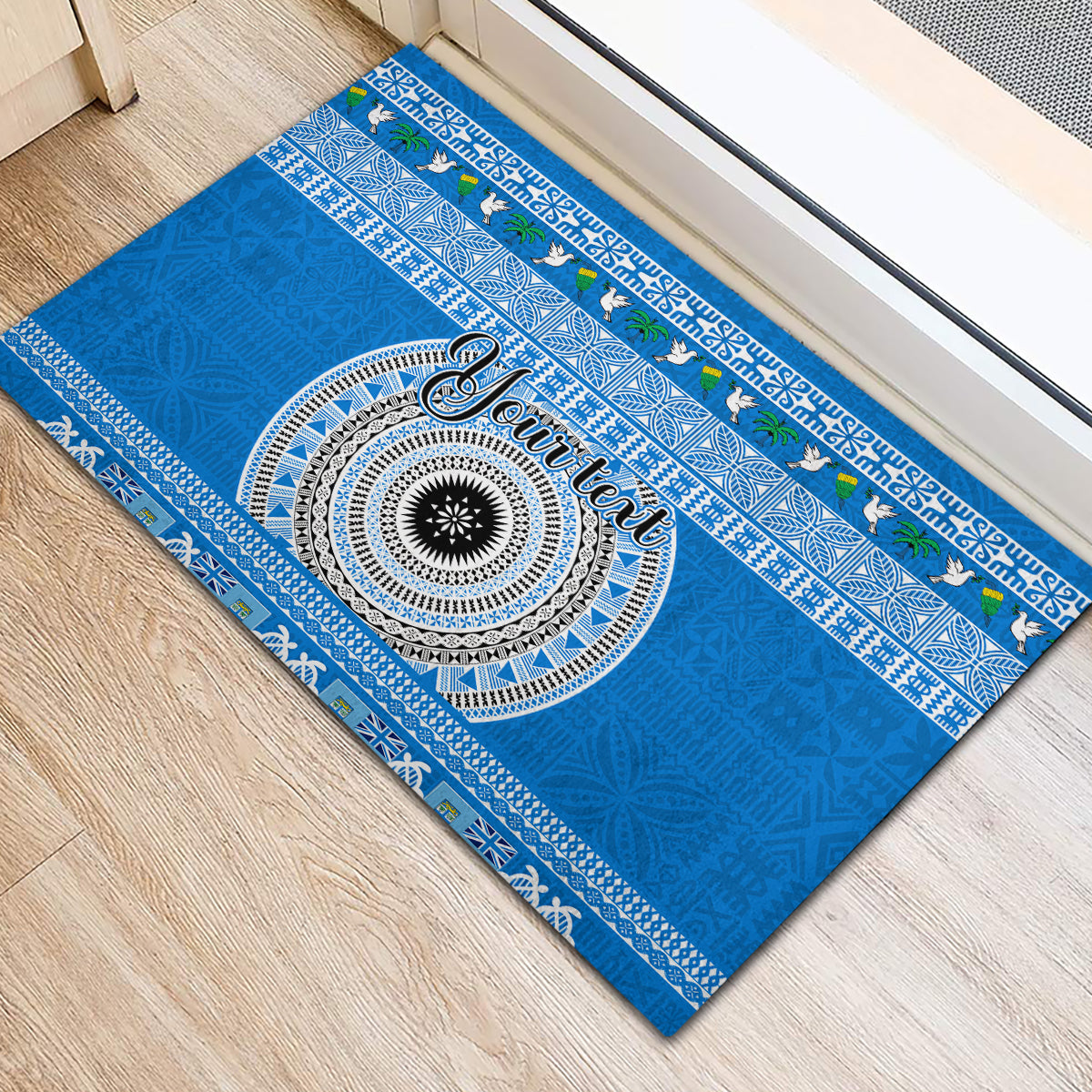Personalised Fiji Marau Na Kerisimasi Rubber Doormat Merry Christmas Tapa Pattern Blue Style LT9 - Polynesian Pride
