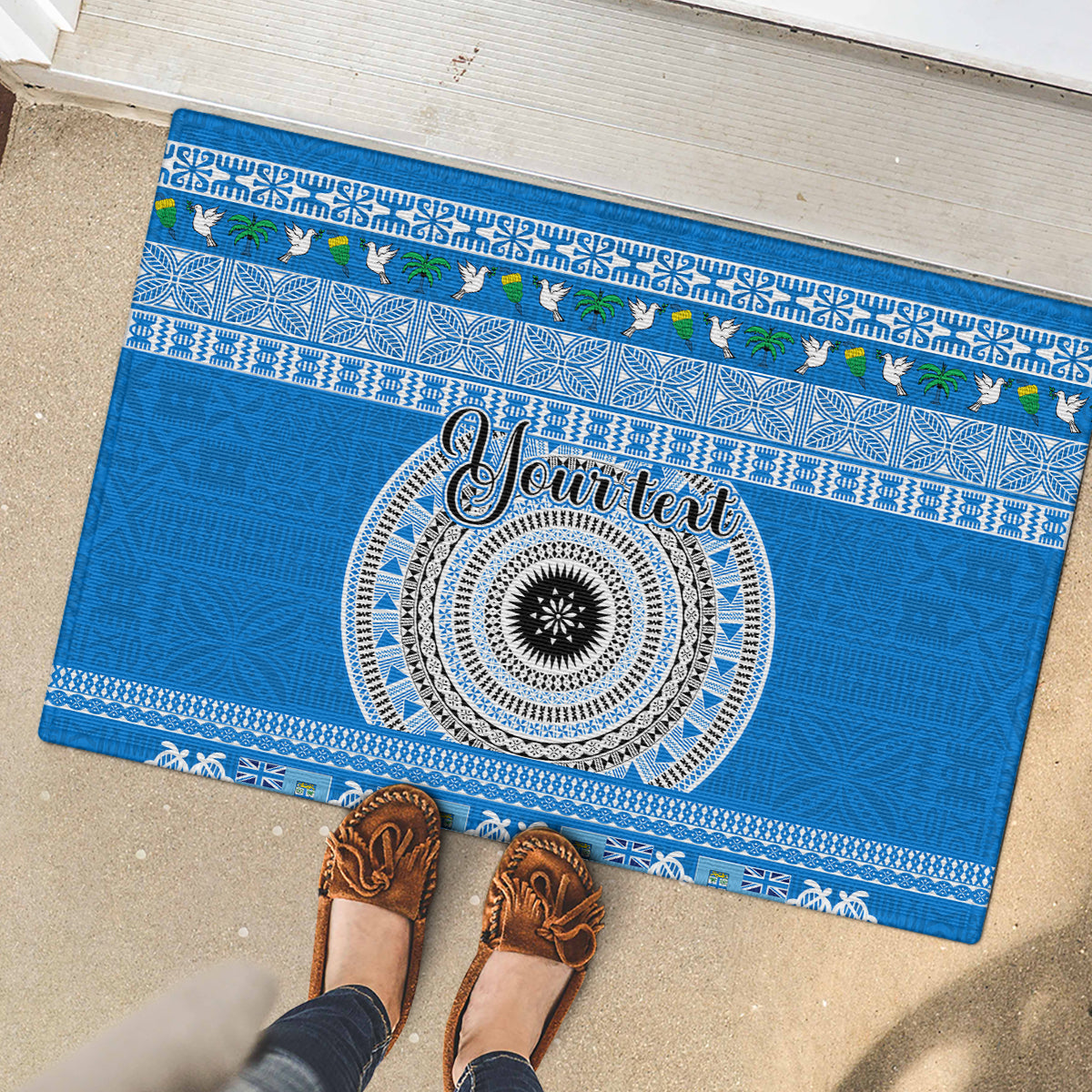 Personalised Fiji Marau Na Kerisimasi Rubber Doormat Merry Christmas Tapa Pattern Blue Style LT9 - Polynesian Pride