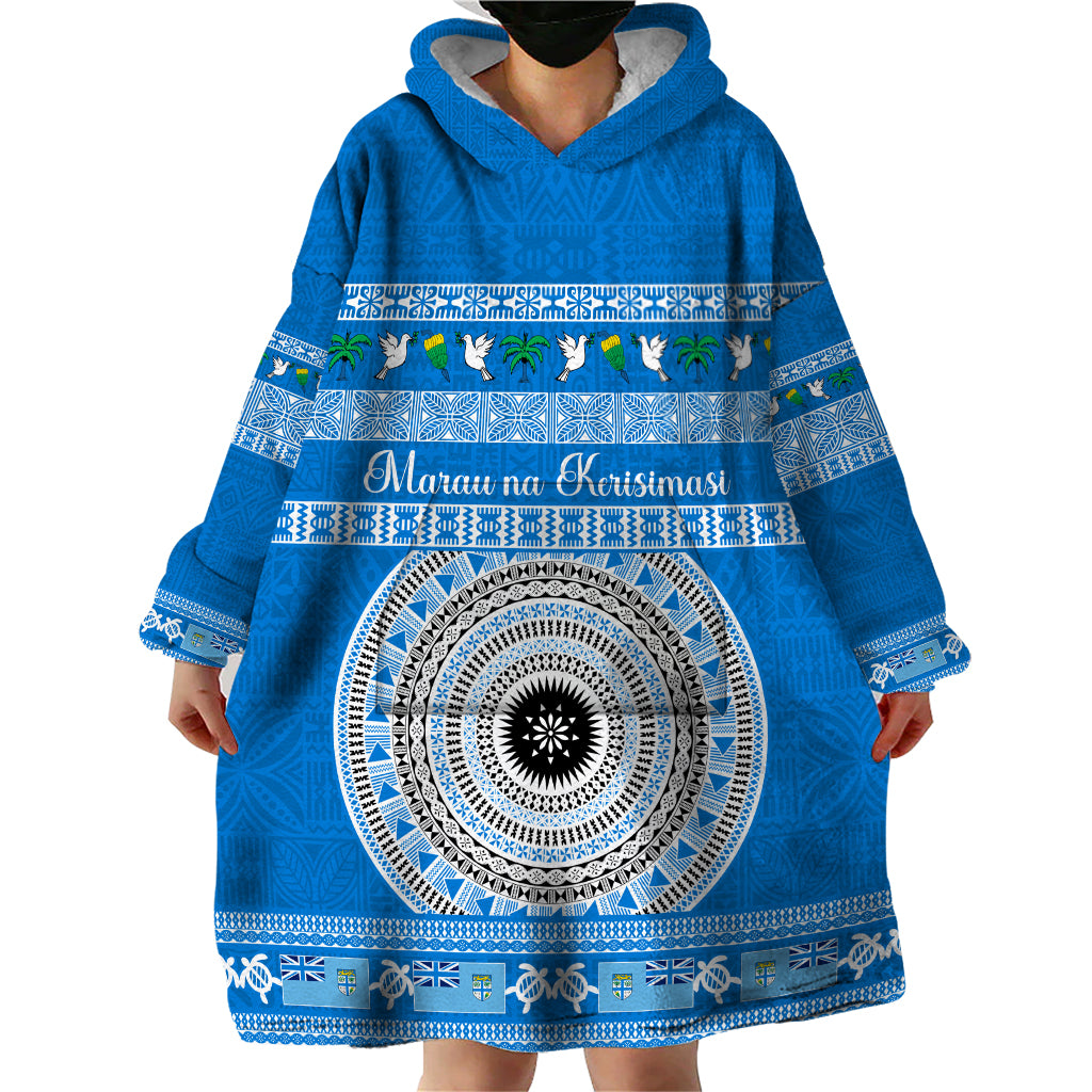 Personalised Fiji Marau Na Kerisimasi Wearable Blanket Hoodie Merry Christmas Tapa Pattern Blue Style LT9 - Polynesian Pride