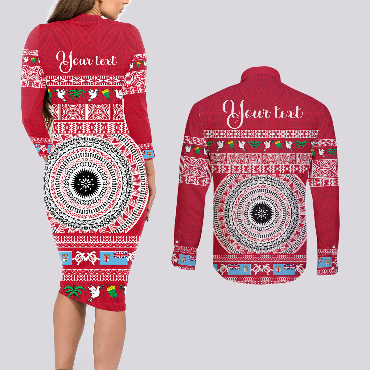 Personalised Fiji Marau Na Kerisimasi Couples Matching Long Sleeve Bodycon Dress and Long Sleeve Button Shirt Merry Christmas Tapa Pattern Red Style LT9 - Polynesian Pride