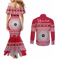 Personalised Fiji Marau Na Kerisimasi Couples Matching Mermaid Dress and Long Sleeve Button Shirt Merry Christmas Tapa Pattern Red Style LT9 - Polynesian Pride