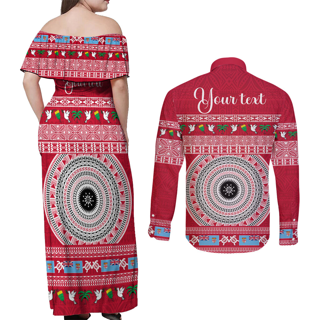 Personalised Fiji Marau Na Kerisimasi Couples Matching Off Shoulder Maxi Dress and Long Sleeve Button Shirt Merry Christmas Tapa Pattern Red Style LT9 - Polynesian Pride