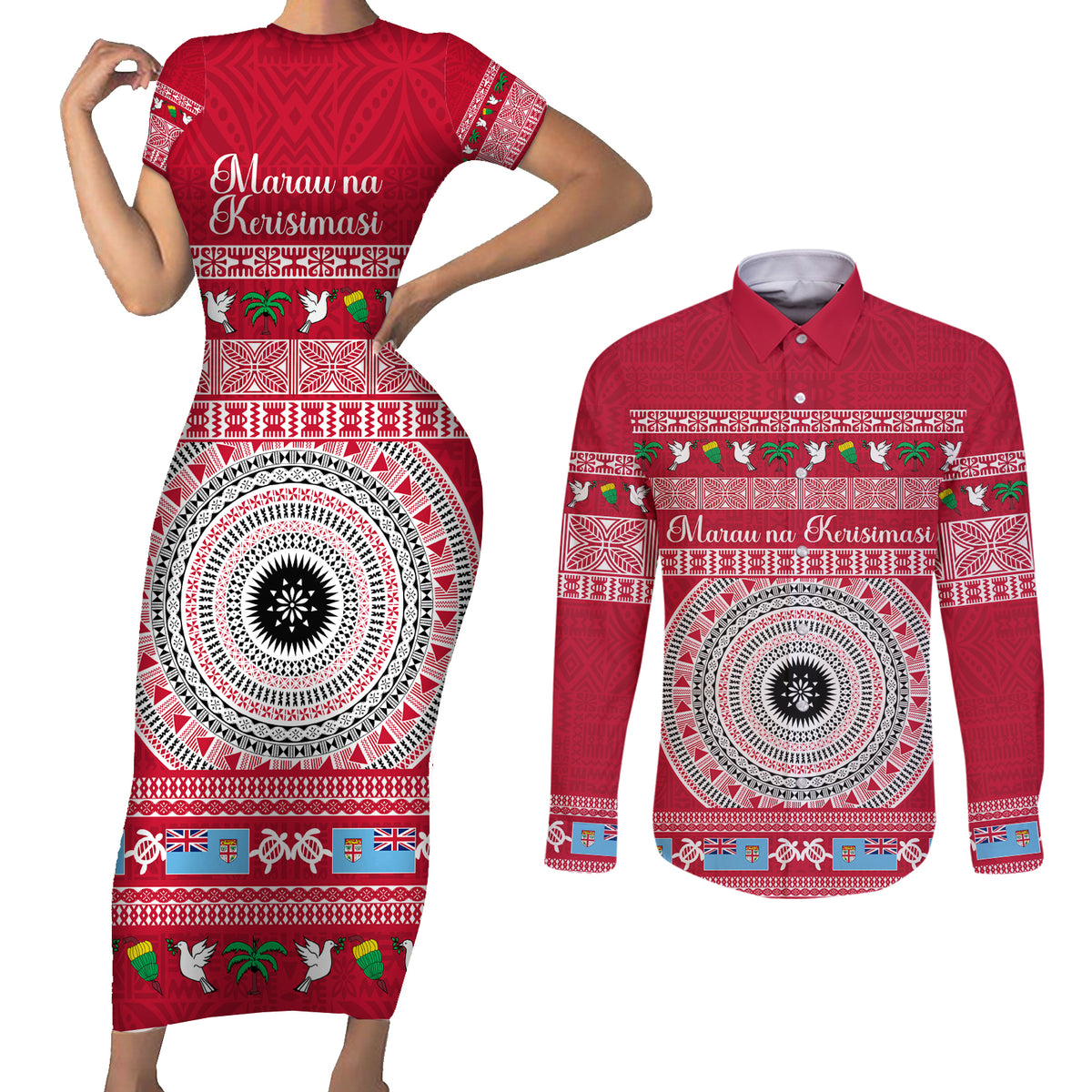 Personalised Fiji Marau Na Kerisimasi Couples Matching Short Sleeve Bodycon Dress and Long Sleeve Button Shirt Merry Christmas Tapa Pattern Red Style LT9 Red - Polynesian Pride