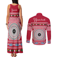 Personalised Fiji Marau Na Kerisimasi Couples Matching Tank Maxi Dress and Long Sleeve Button Shirt Merry Christmas Tapa Pattern Red Style LT9 - Polynesian Pride