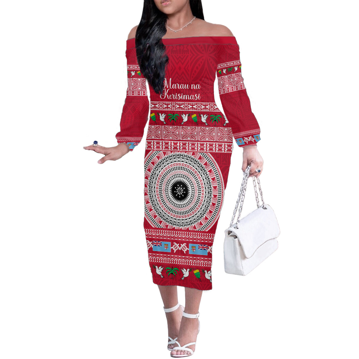 Personalised Fiji Marau Na Kerisimasi Family Matching Off Shoulder Long Sleeve Dress and Hawaiian Shirt Merry Christmas Tapa Pattern Red Style LT9 Mom's Dress Red - Polynesian Pride
