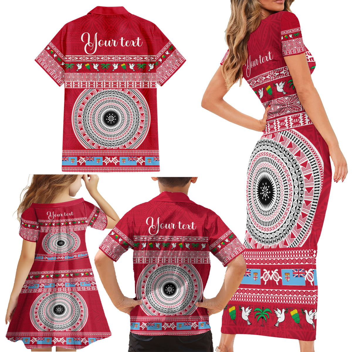 Personalised Fiji Marau Na Kerisimasi Family Matching Short Sleeve Bodycon Dress and Hawaiian Shirt Merry Christmas Tapa Pattern Red Style LT9 - Polynesian Pride