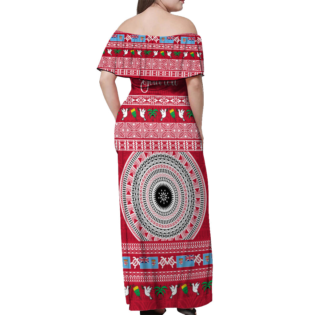 Personalised Fiji Marau Na Kerisimasi Off Shoulder Maxi Dress Merry Christmas Tapa Pattern Red Style LT9 - Polynesian Pride