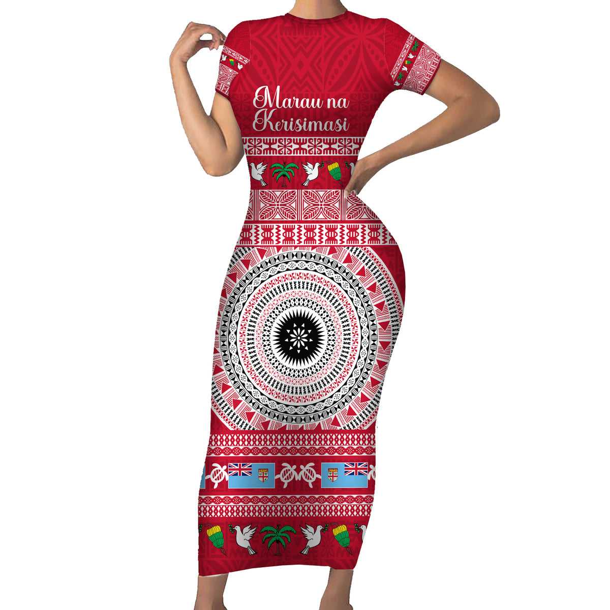 Personalised Fiji Marau Na Kerisimasi Short Sleeve Bodycon Dress Merry Christmas Tapa Pattern Red Style LT9 Long Dress Red - Polynesian Pride