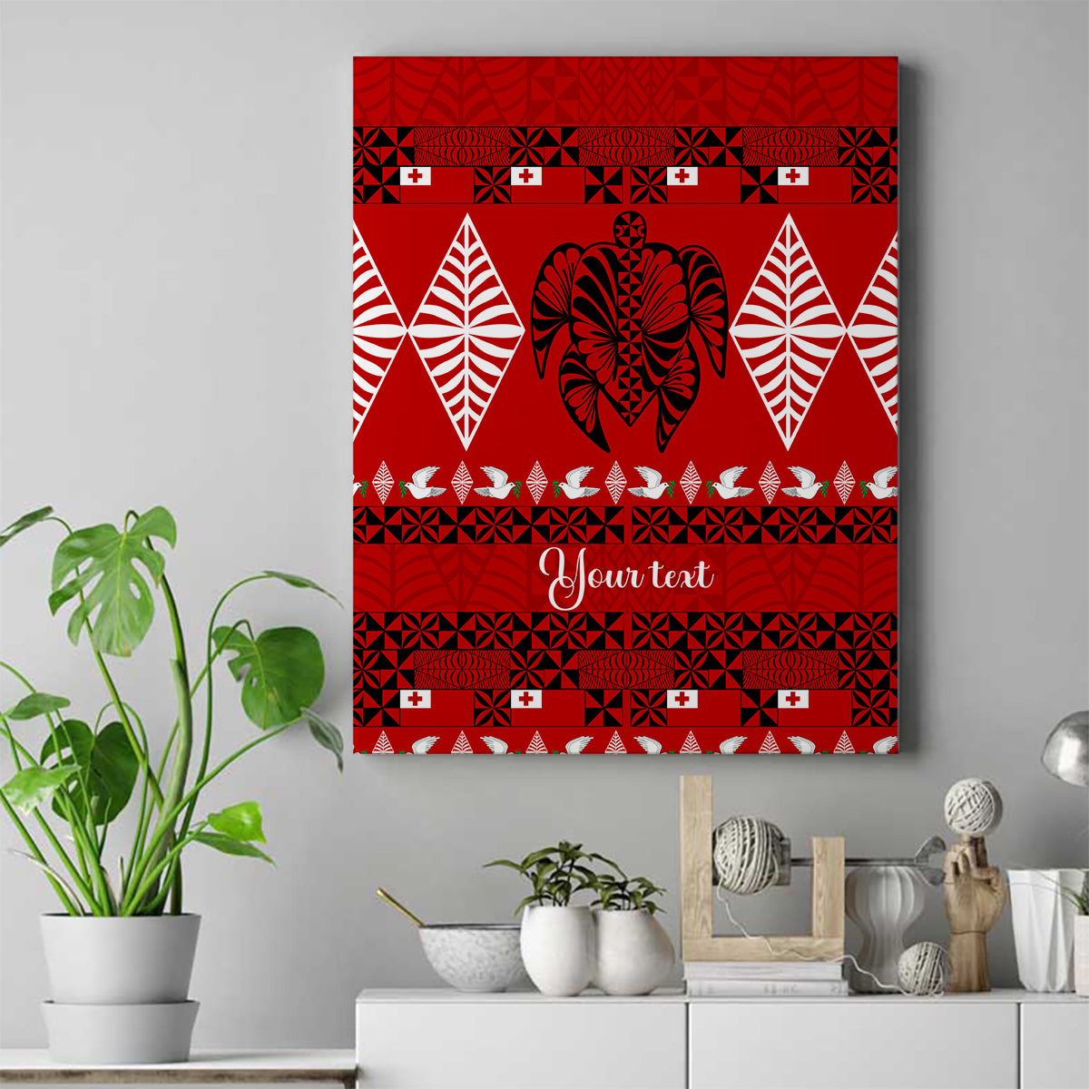 Personalised Tonga Kilisimasi Fiefia Canvas Wall Art Merry Christmas with Turtle Ngatu Pattern LT9 Red - Polynesian Pride