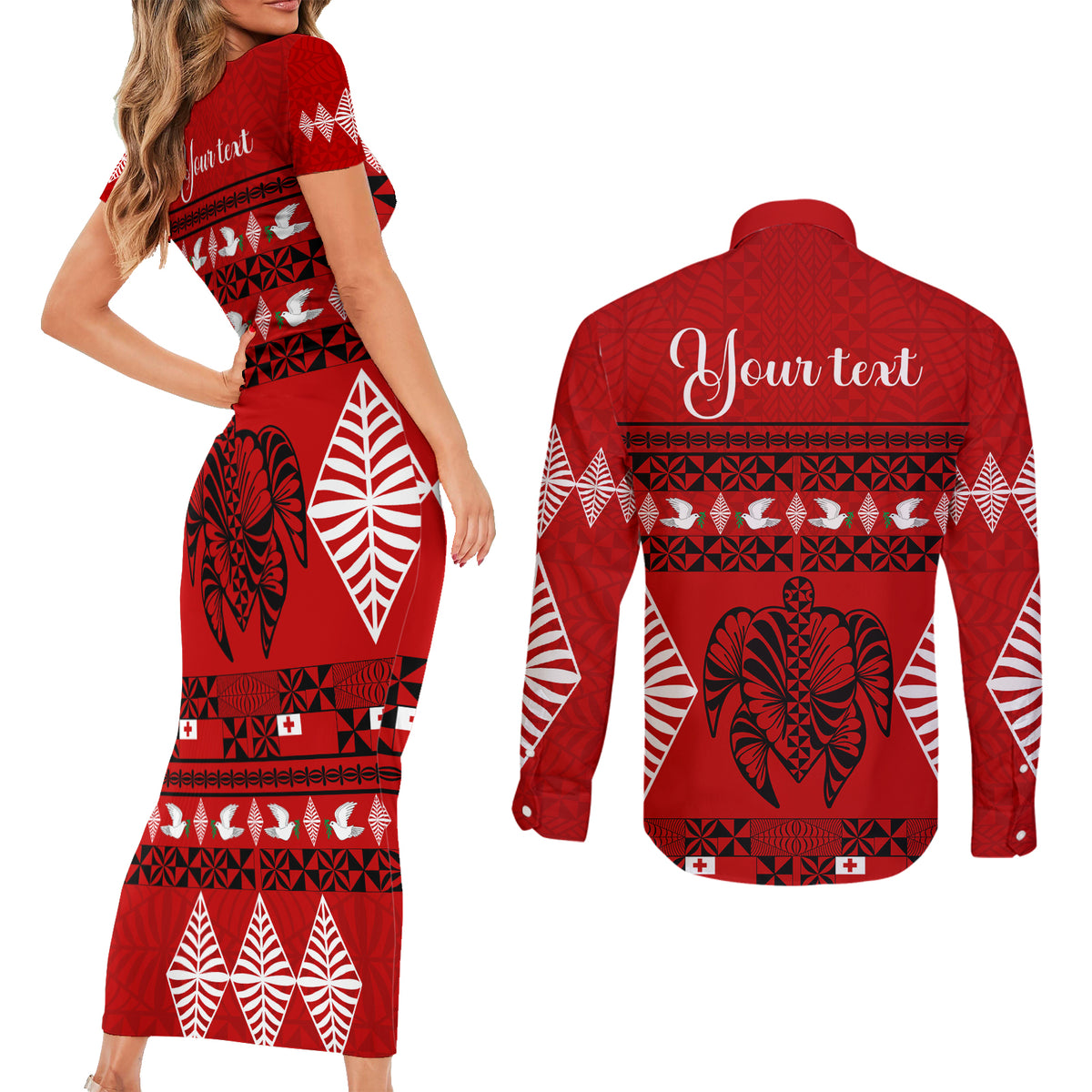 Personalised Tonga Kilisimasi Fiefia Couples Matching Short Sleeve Bodycon Dress and Long Sleeve Button Shirt Merry Christmas with Turtle Ngatu Pattern LT9 - Polynesian Pride
