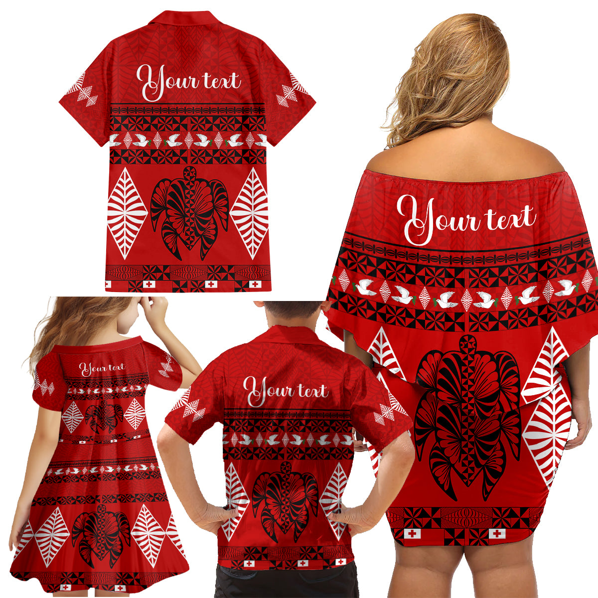 Personalised Tonga Kilisimasi Fiefia Family Matching Off Shoulder Short Dress and Hawaiian Shirt Merry Christmas with Turtle Ngatu Pattern LT9 - Polynesian Pride