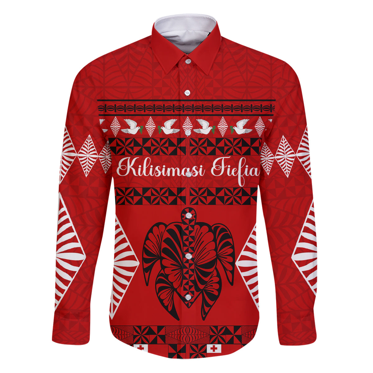 Personalised Tonga Kilisimasi Fiefia Family Matching Puletasi Dress and Hawaiian Shirt Merry Christmas with Turtle Ngatu Pattern LT9 Dad's Shirt - Long Sleeve Red - Polynesian Pride