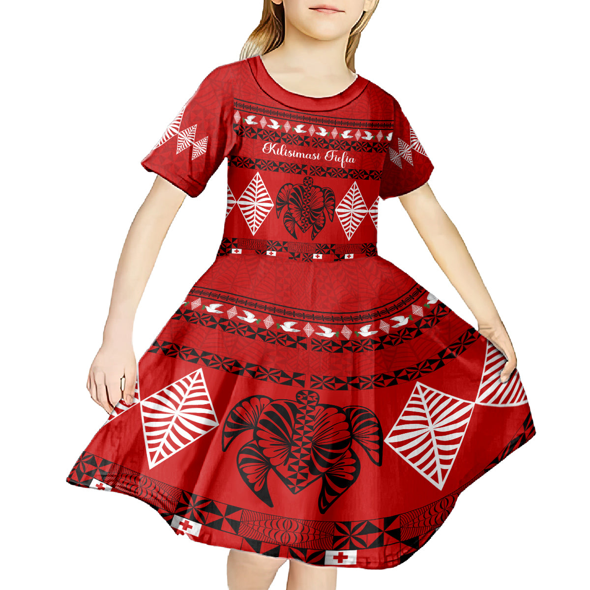 Personalised Tonga Kilisimasi Fiefia Kid Short Sleeve Dress Merry Christmas with Turtle Ngatu Pattern LT9 - Polynesian Pride