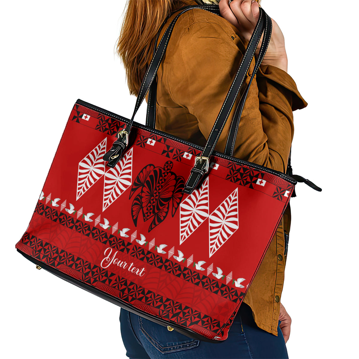 Personalised Tonga Kilisimasi Fiefia Leather Tote Bag Merry Christmas with Turtle Ngatu Pattern LT9 - Polynesian Pride