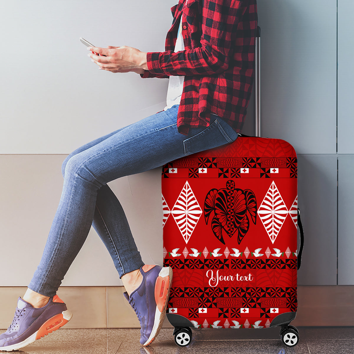 Personalised Tonga Kilisimasi Fiefia Luggage Cover Merry Christmas with Turtle Ngatu Pattern LT9 - Polynesian Pride