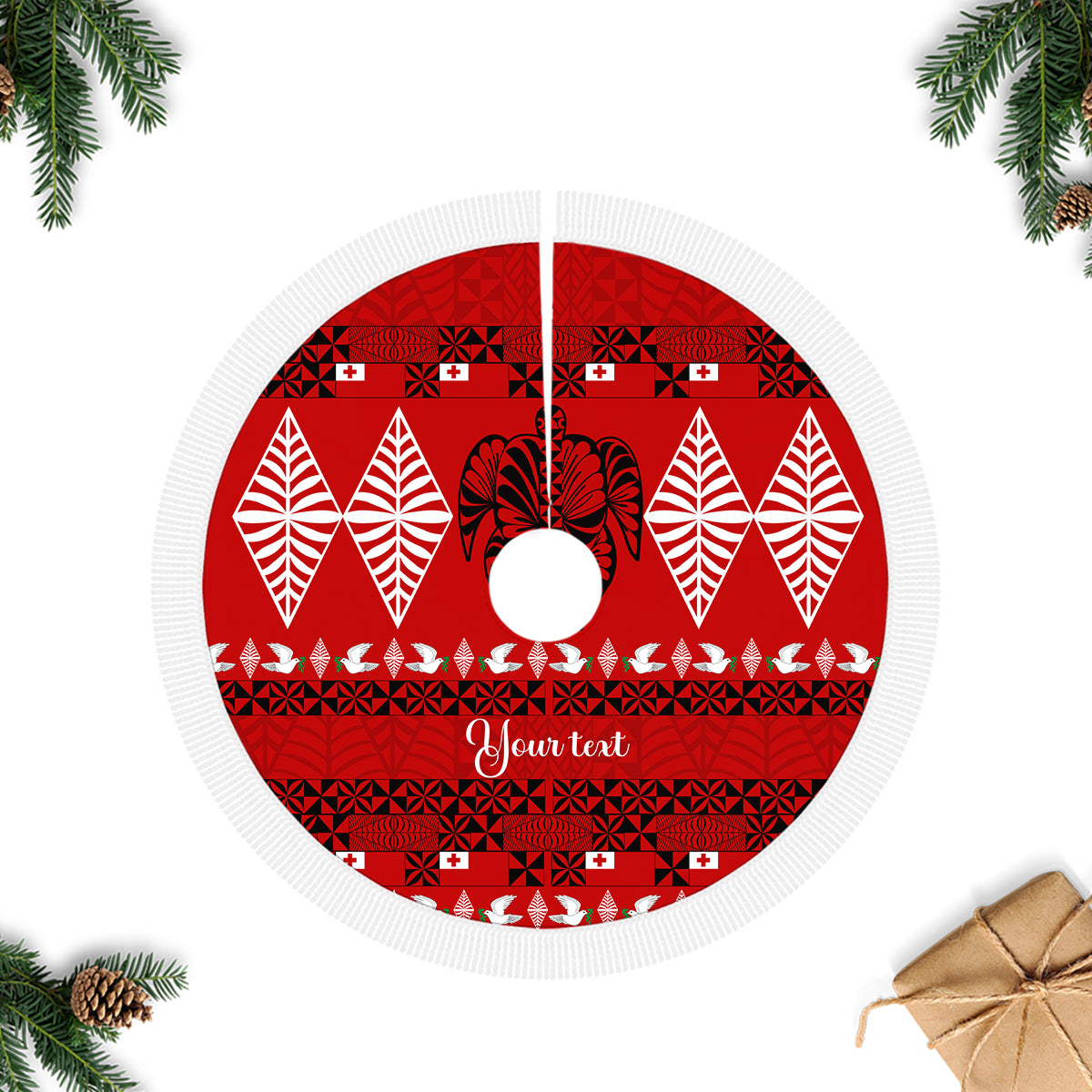 Personalised Tonga Kilisimasi Fiefia Tree Skirt Merry Christmas with Turtle Ngatu Pattern LT9 Fringed Tree Skirts Red - Polynesian Pride