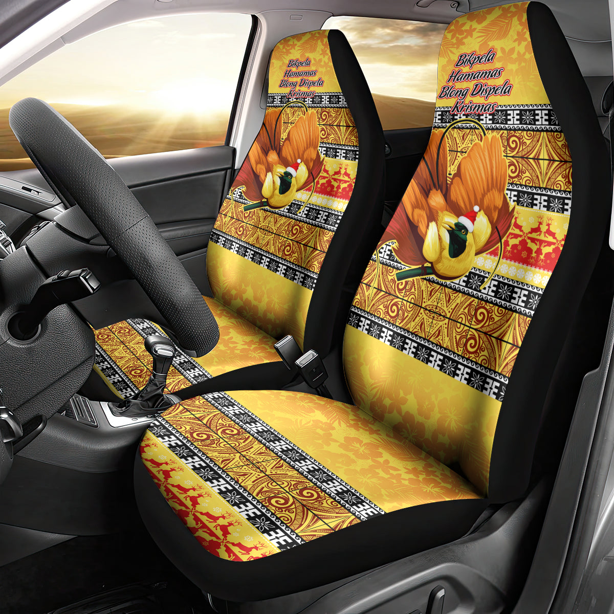 PNG Hamamas Krismas Car Seat Cover Papua New Guinea Bird Of Paradise Merry Christmas Gold Style LT9 - Polynesian Pride