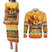 PNG Hamamas Krismas Couples Matching Puletasi Dress and Long Sleeve Button Shirt Papua New Guinea Bird Of Paradise Merry Christmas Gold Style LT9 Gold - Polynesian Pride
