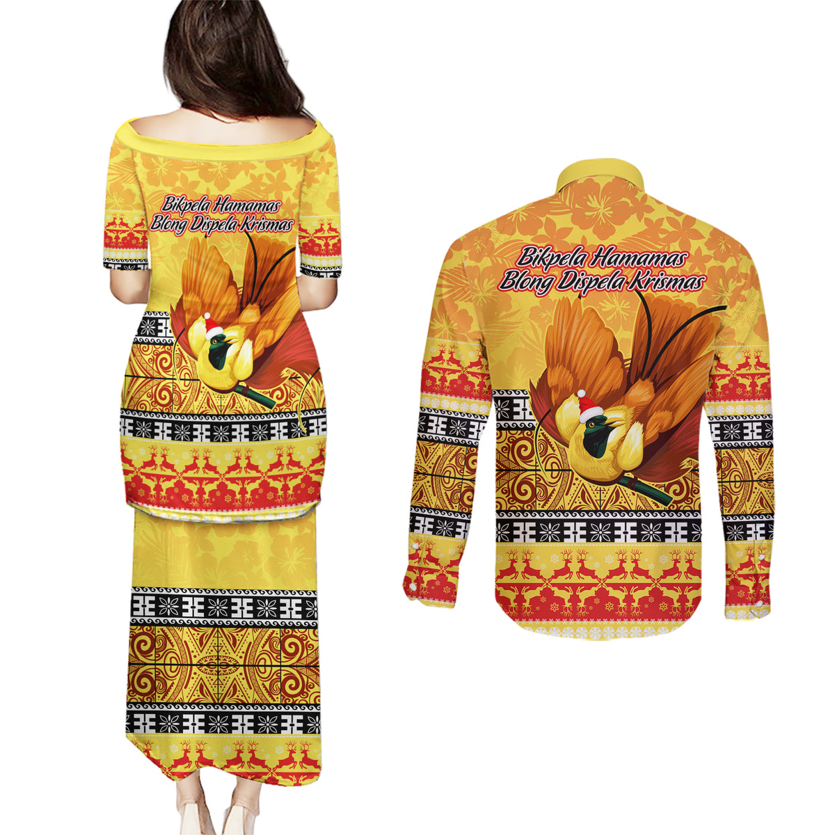 PNG Hamamas Krismas Couples Matching Puletasi Dress and Long Sleeve Button Shirt Papua New Guinea Bird Of Paradise Merry Christmas Gold Style LT9 - Polynesian Pride