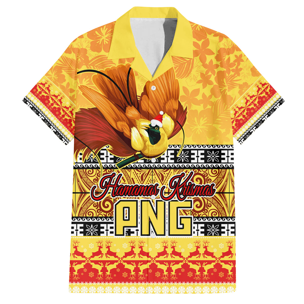 PNG Hamamas Krismas Family Matching Off Shoulder Long Sleeve Dress and Hawaiian Shirt Papua New Guinea Bird Of Paradise Merry Christmas Gold Style LT9 Dad's Shirt - Short Sleeve Gold - Polynesian Pride