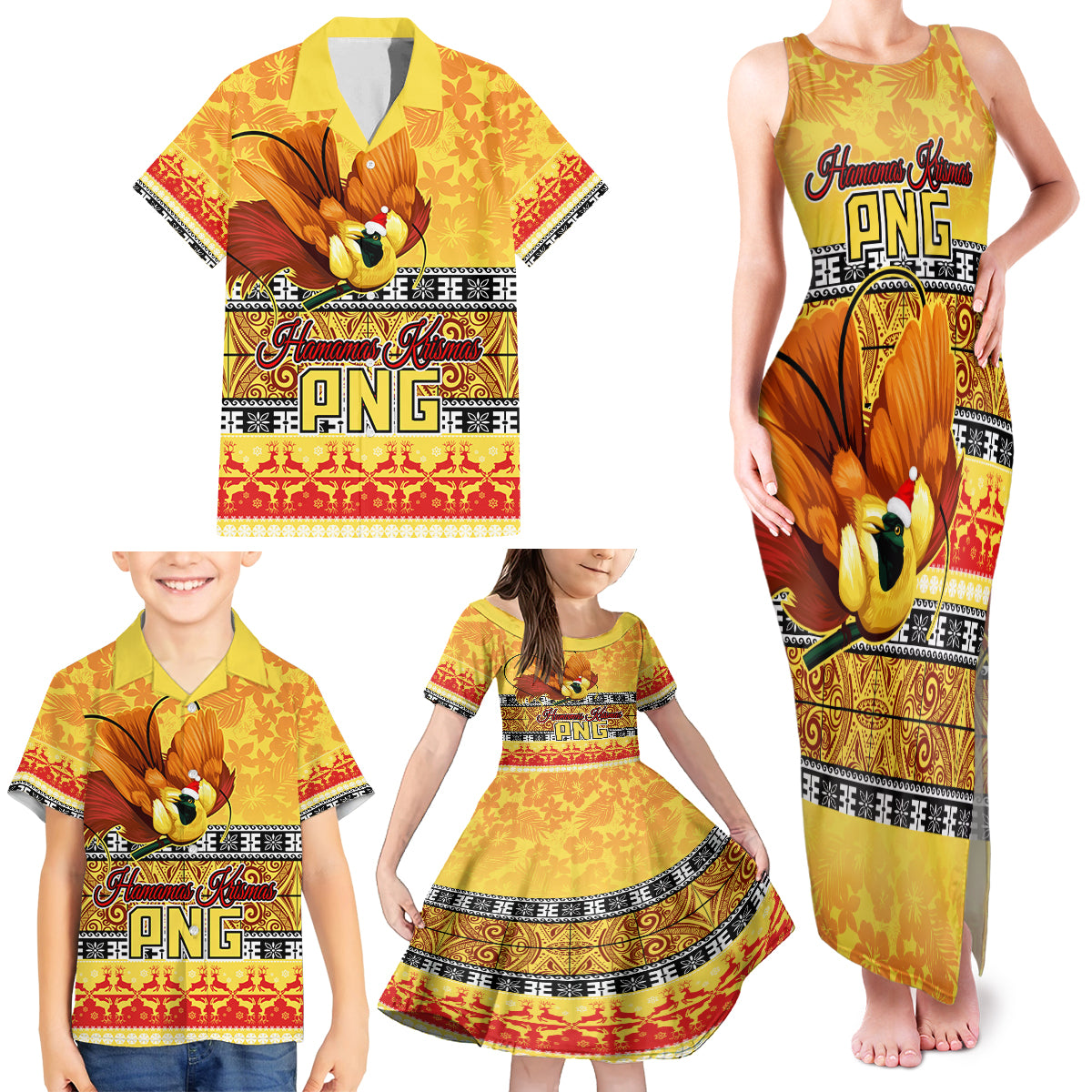 PNG Hamamas Krismas Family Matching Tank Maxi Dress and Hawaiian Shirt Papua New Guinea Bird Of Paradise Merry Christmas Gold Style LT9 - Polynesian Pride