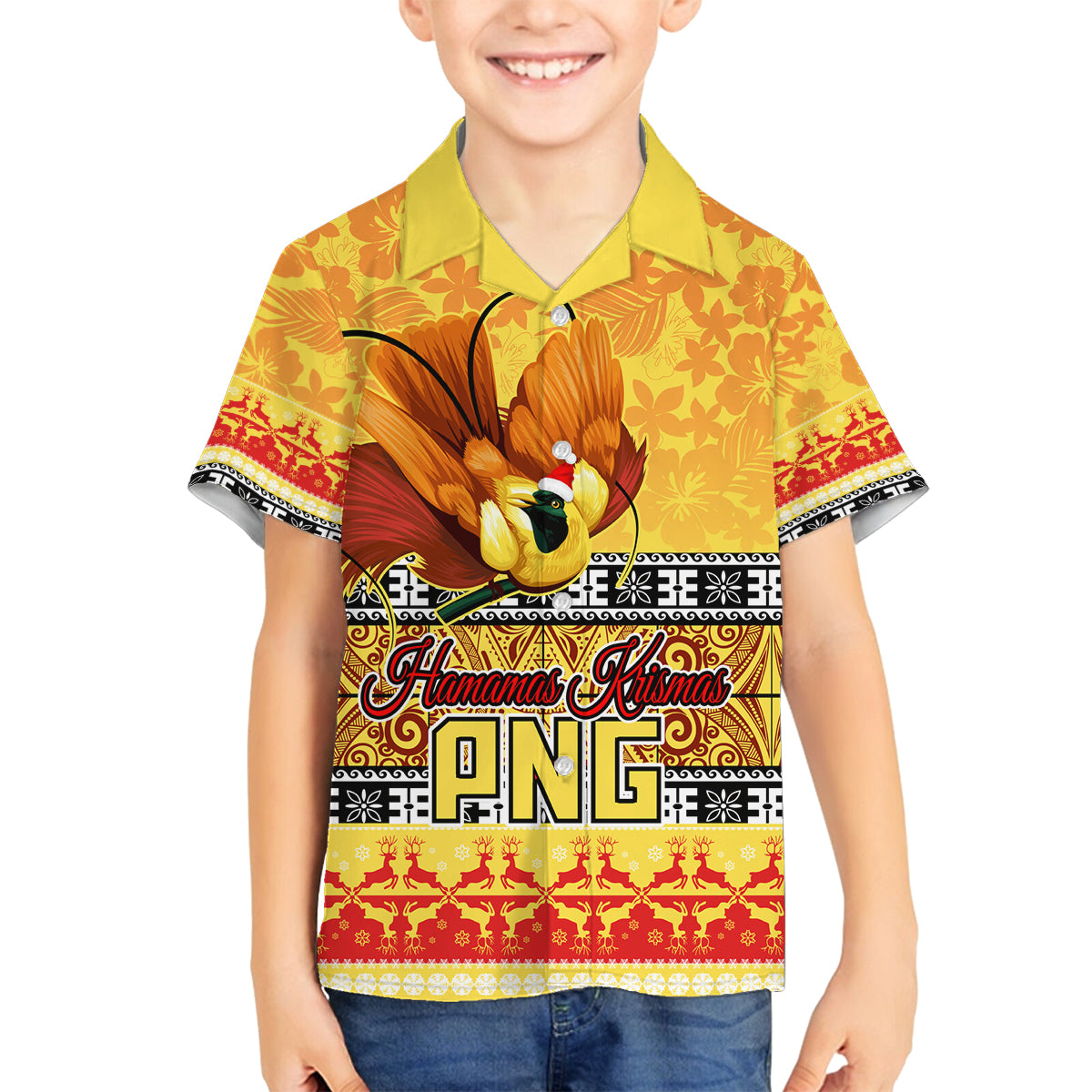 PNG Hamamas Krismas Family Matching Tank Maxi Dress and Hawaiian Shirt Papua New Guinea Bird Of Paradise Merry Christmas Gold Style LT9 Son's Shirt Gold - Polynesian Pride