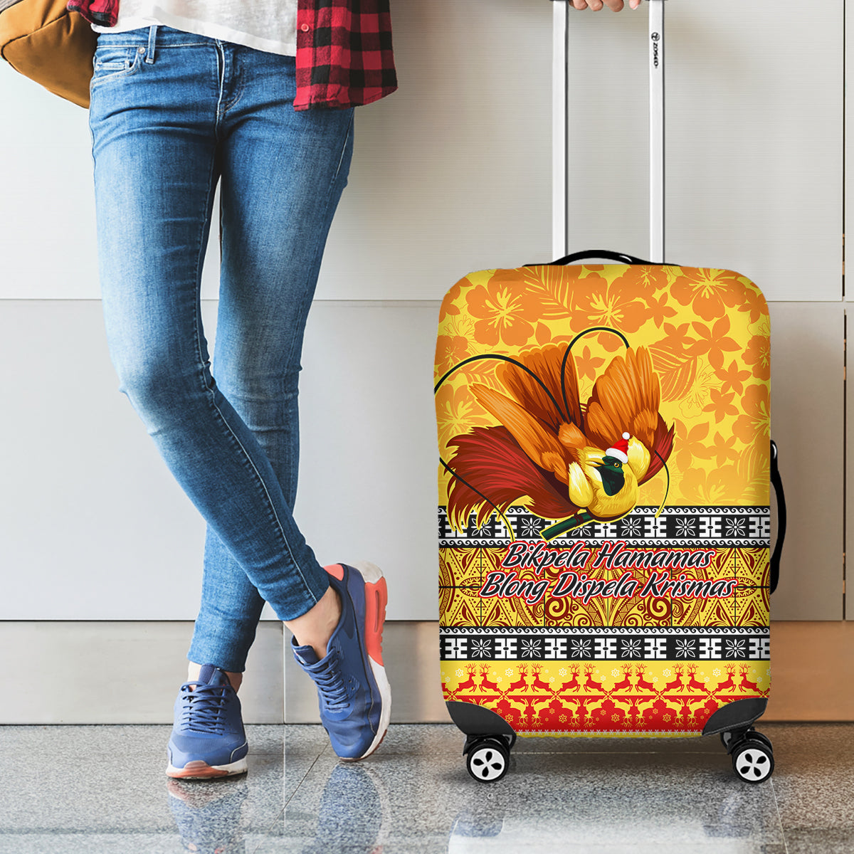 PNG Hamamas Krismas Luggage Cover Papua New Guinea Bird Of Paradise Merry Christmas Gold Style LT9 - Polynesian Pride