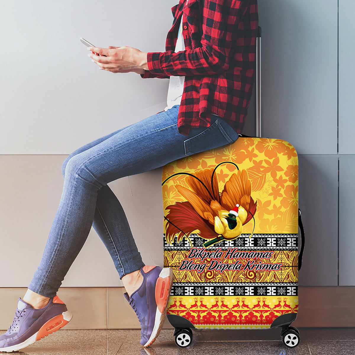 PNG Hamamas Krismas Luggage Cover Papua New Guinea Bird Of Paradise Merry Christmas Gold Style LT9 - Polynesian Pride