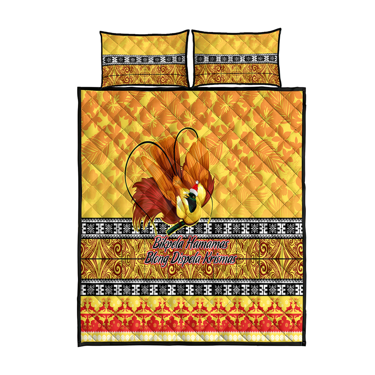 PNG Hamamas Krismas Quilt Bed Set Papua New Guinea Bird Of Paradise Merry Christmas Gold Style LT9 Gold - Polynesian Pride