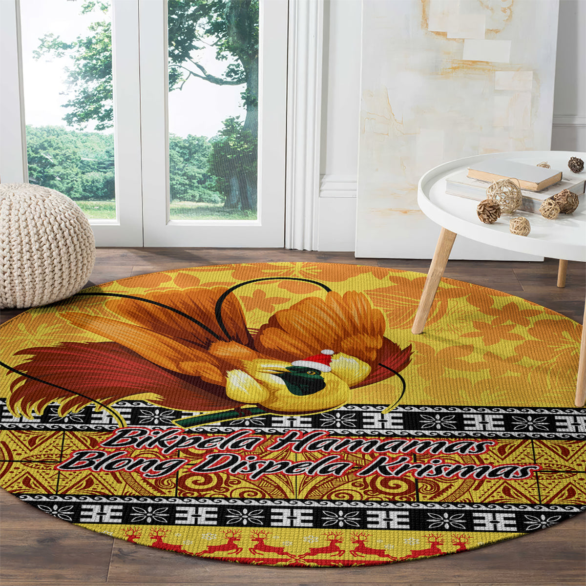 PNG Hamamas Krismas Round Carpet Papua New Guinea Bird Of Paradise Merry Christmas Gold Style LT9 - Polynesian Pride