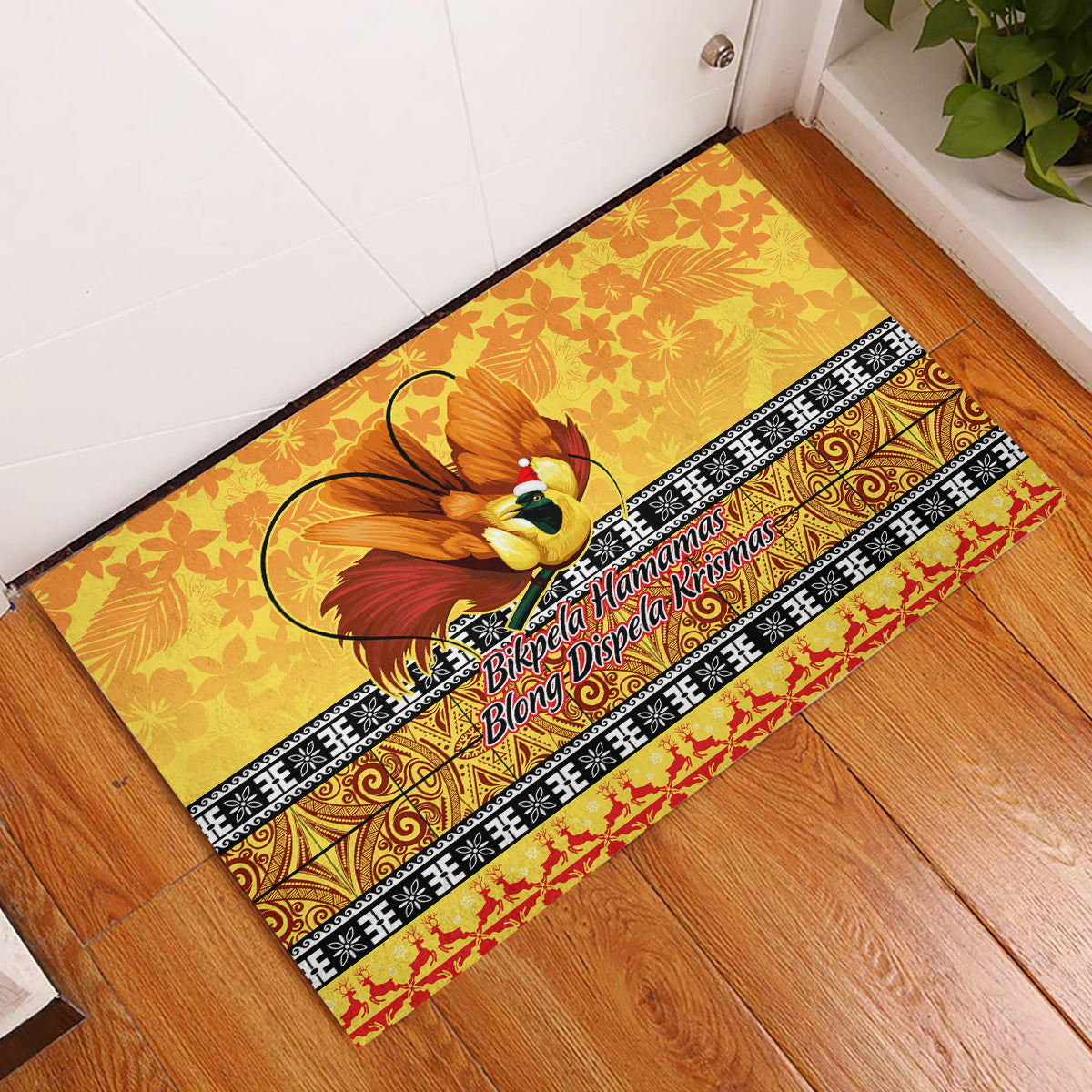 PNG Hamamas Krismas Rubber Doormat Papua New Guinea Bird Of Paradise Merry Christmas Gold Style LT9 Gold - Polynesian Pride