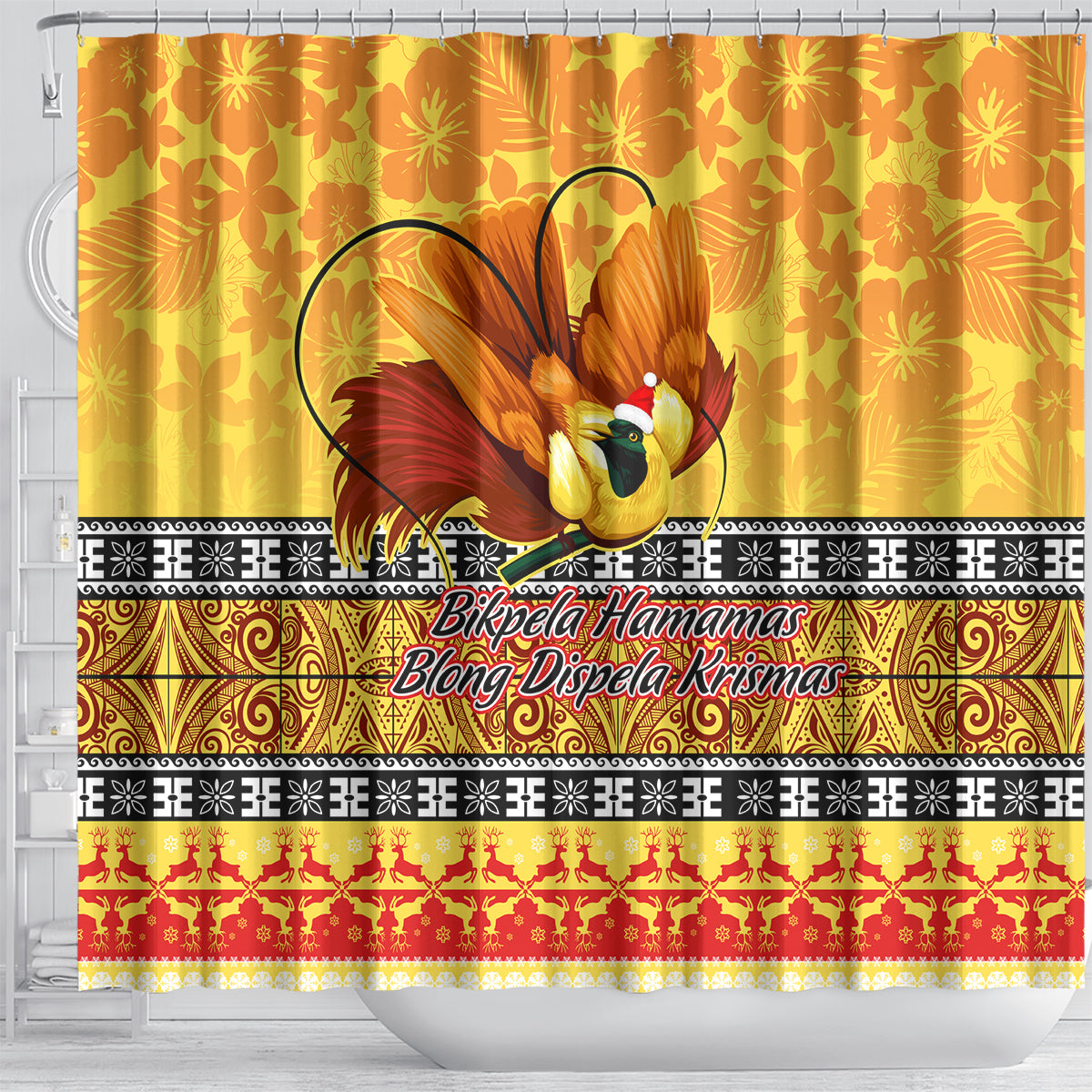 PNG Hamamas Krismas Shower Curtain Papua New Guinea Bird Of Paradise Merry Christmas Gold Style LT9 - Polynesian Pride
