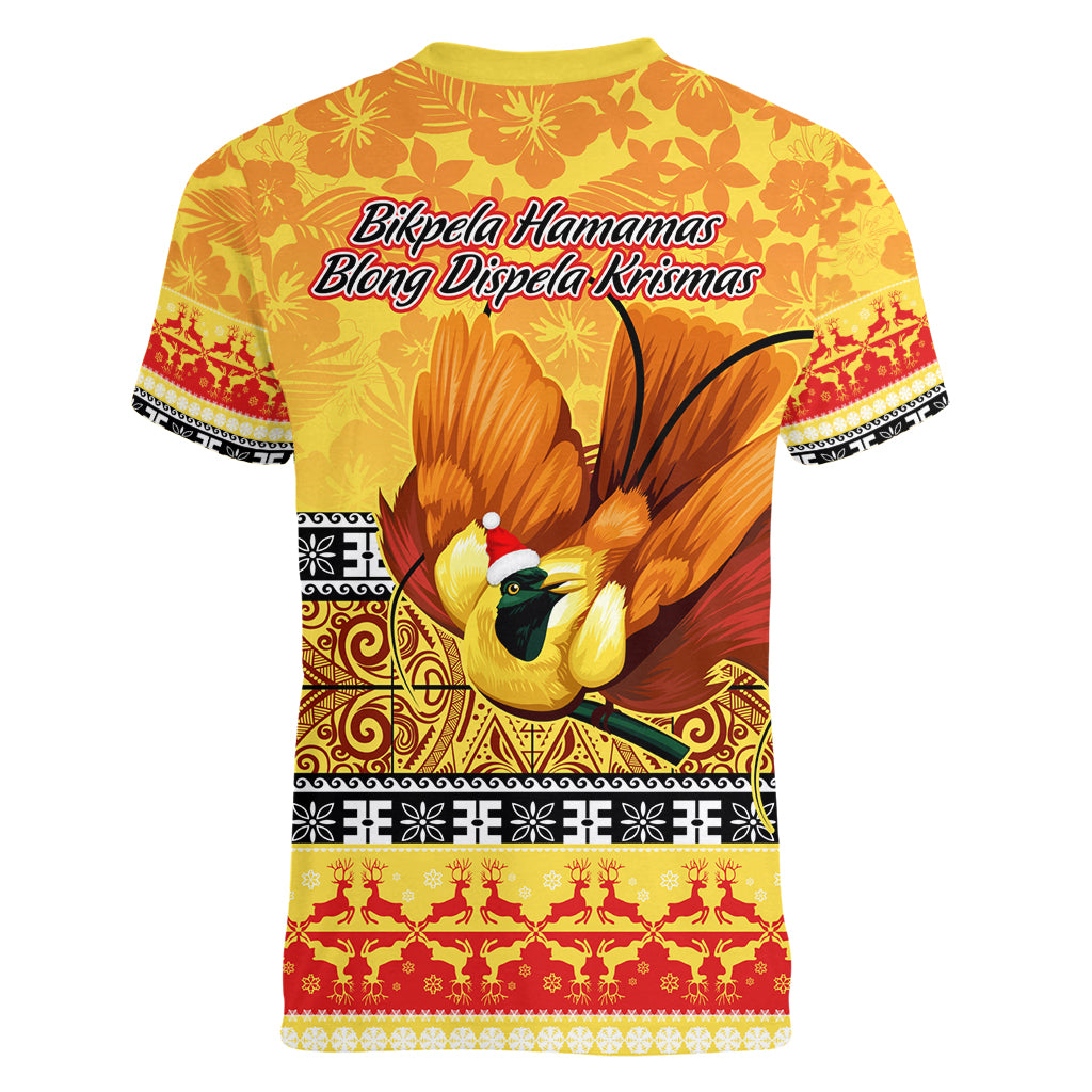 PNG Hamamas Krismas Women V Neck T Shirt Papua New Guinea Bird Of Paradise Merry Christmas Gold Style LT9 - Polynesian Pride