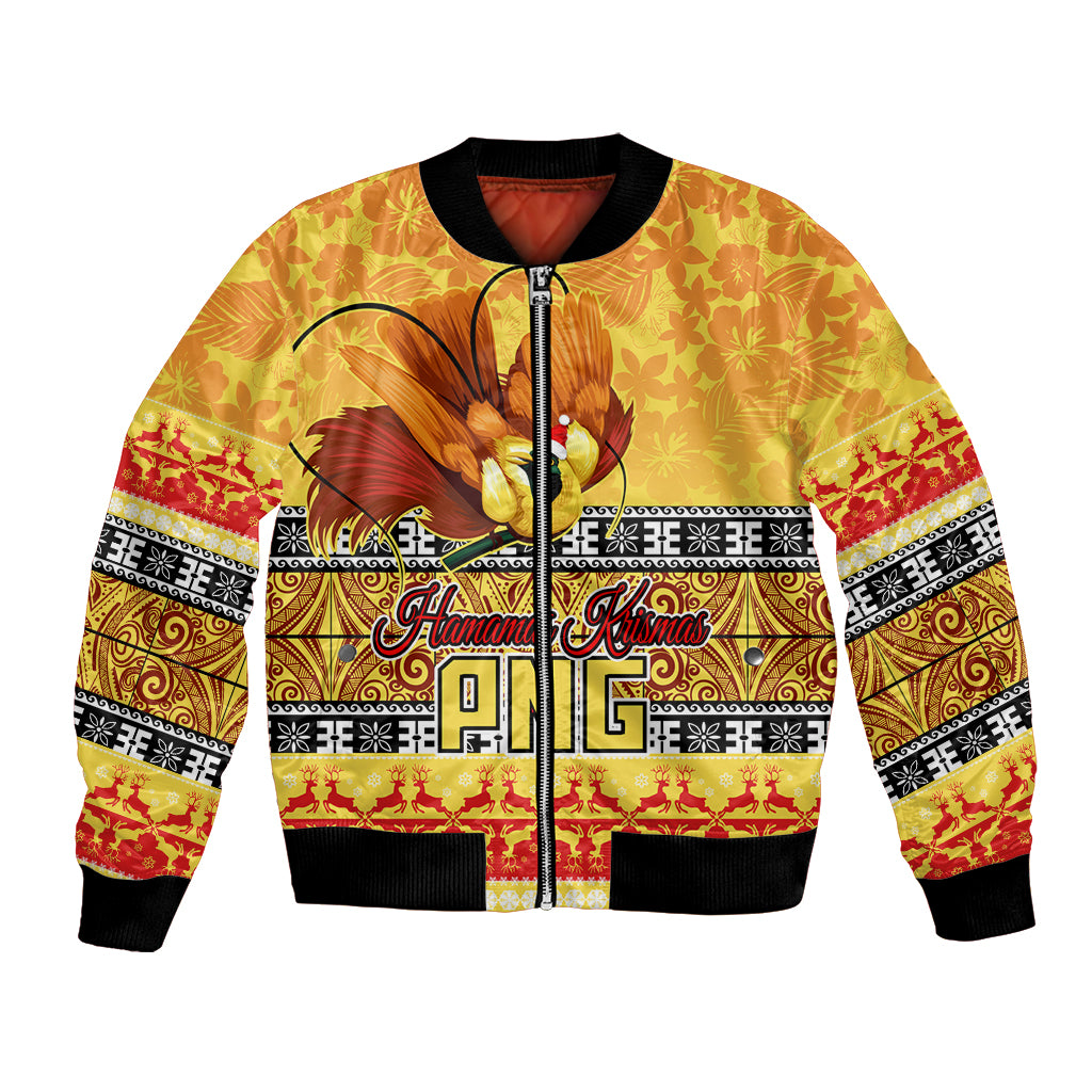 Personalised PNG Hamamas Krismas Bomber Jacket Papua New Guinea Bird Of Paradise Merry Christmas Gold Style LT9 Unisex Gold - Polynesian Pride