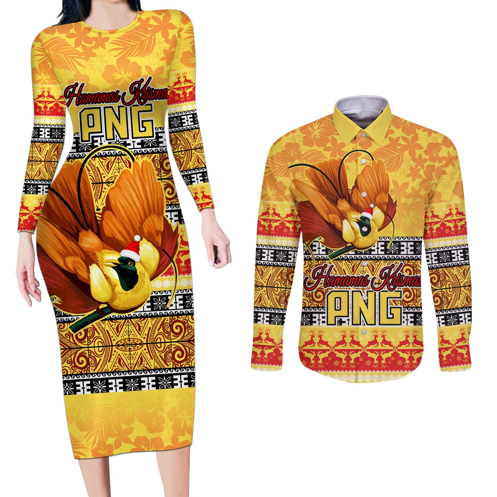 Personalised PNG Hamamas Krismas Couples Matching Long Sleeve Bodycon Dress and Long Sleeve Button Shirt Papua New Guinea Bird Of Paradise Merry Christmas Gold Style LT9 Gold - Polynesian Pride