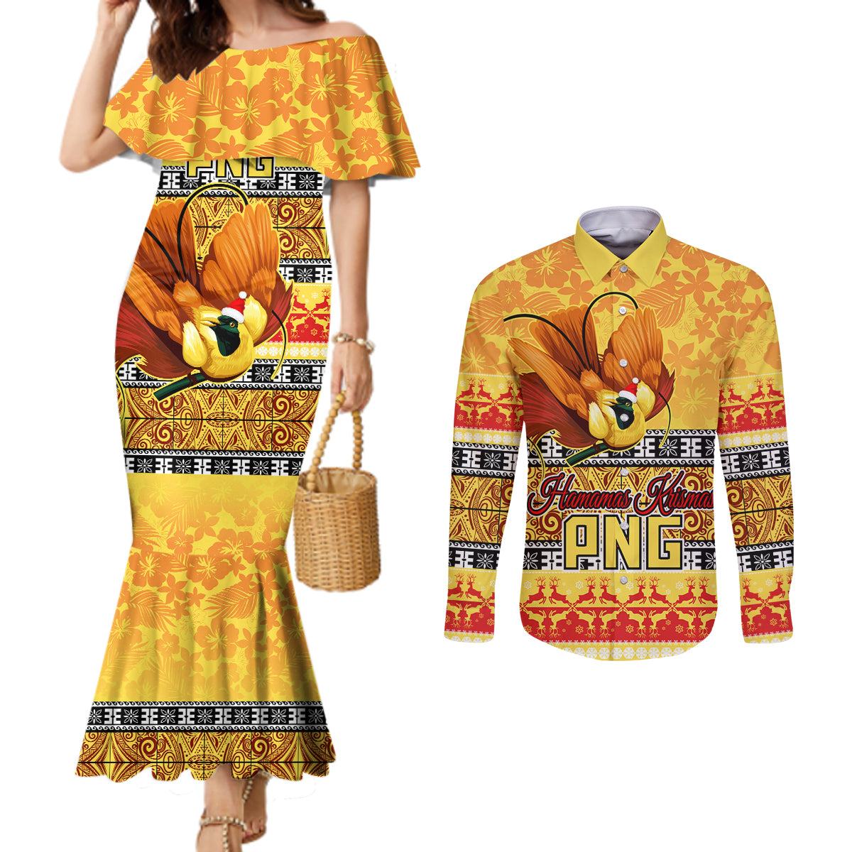 Personalised PNG Hamamas Krismas Couples Matching Mermaid Dress and Long Sleeve Button Shirt Papua New Guinea Bird Of Paradise Merry Christmas Gold Style LT9 Gold - Polynesian Pride