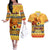 Personalised PNG Hamamas Krismas Couples Matching Off The Shoulder Long Sleeve Dress and Hawaiian Shirt Papua New Guinea Bird Of Paradise Merry Christmas Gold Style LT9 Gold - Polynesian Pride