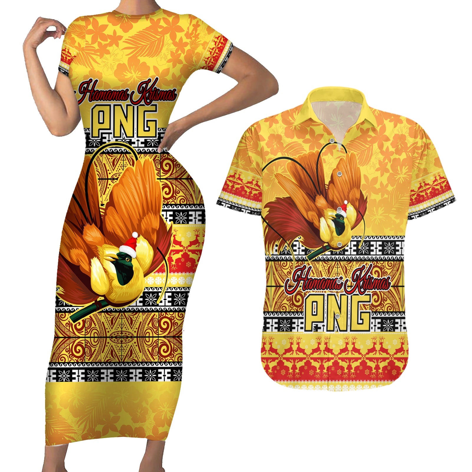 Personalised PNG Hamamas Krismas Couples Matching Short Sleeve Bodycon Dress and Hawaiian Shirt Papua New Guinea Bird Of Paradise Merry Christmas Gold Style LT9 Gold - Polynesian Pride