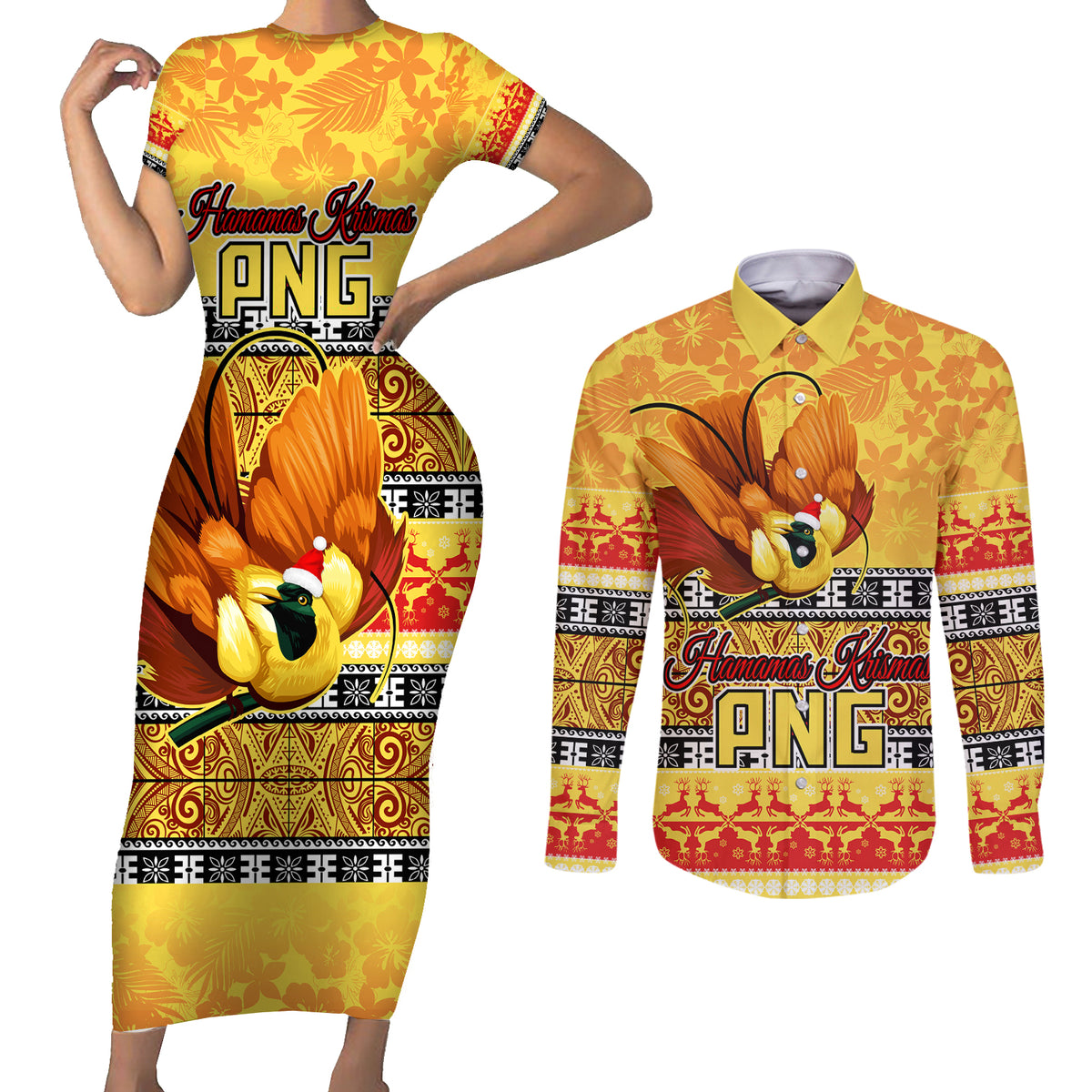 Personalised PNG Hamamas Krismas Couples Matching Short Sleeve Bodycon Dress and Long Sleeve Button Shirt Papua New Guinea Bird Of Paradise Merry Christmas Gold Style LT9 Gold - Polynesian Pride