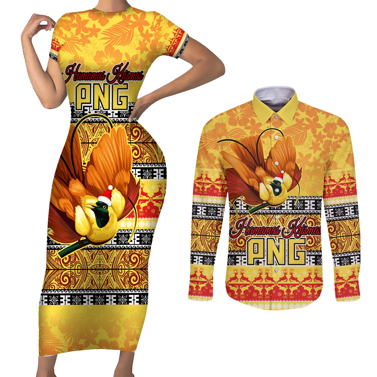 Personalised PNG Hamamas Krismas Couples Matching Short Sleeve Bodycon Dress and Long Sleeve Button Shirt Papua New Guinea Bird Of Paradise Merry Christmas Gold Style LT9 Gold - Polynesian Pride