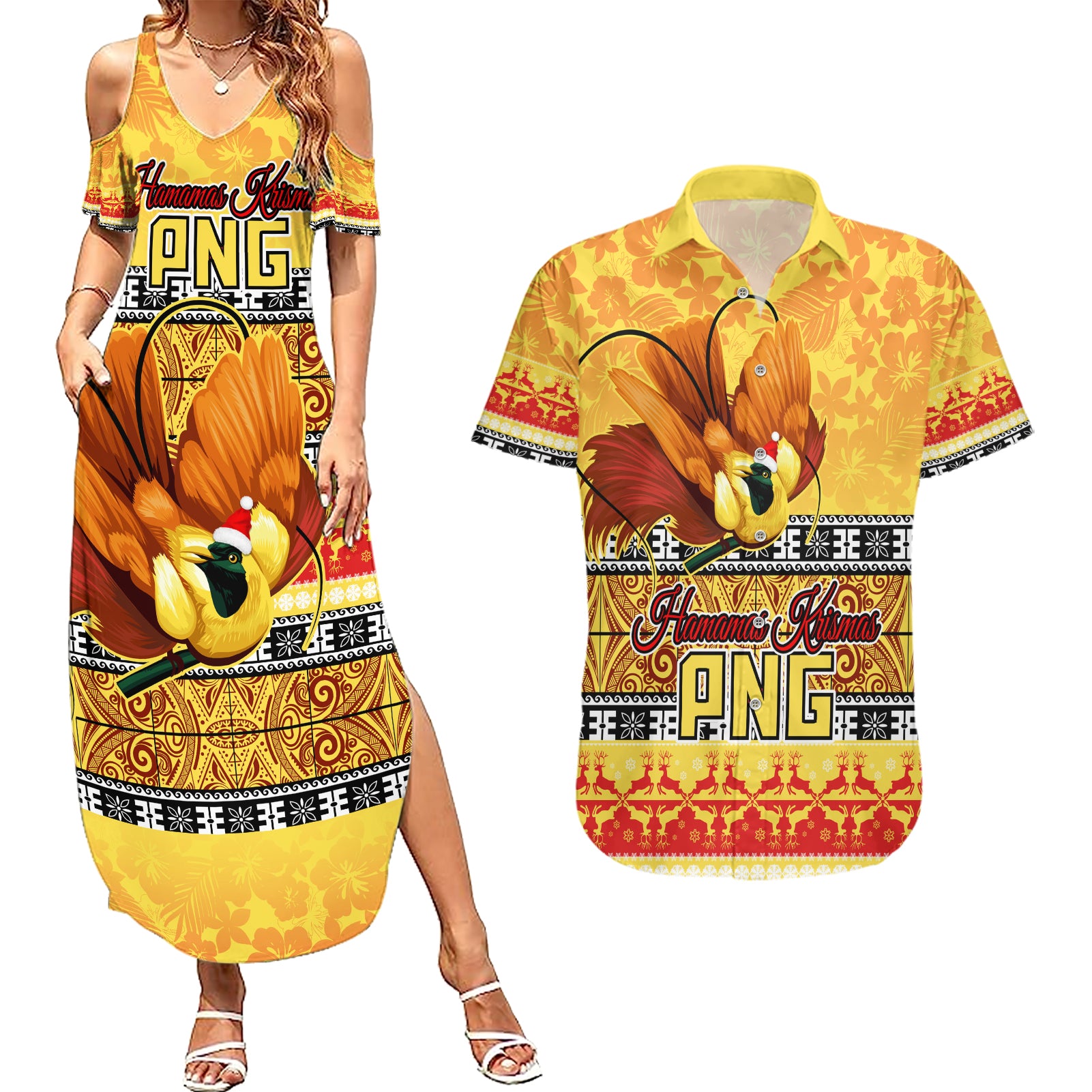 Personalised PNG Hamamas Krismas Couples Matching Summer Maxi Dress and Hawaiian Shirt Papua New Guinea Bird Of Paradise Merry Christmas Gold Style LT9 Gold - Polynesian Pride