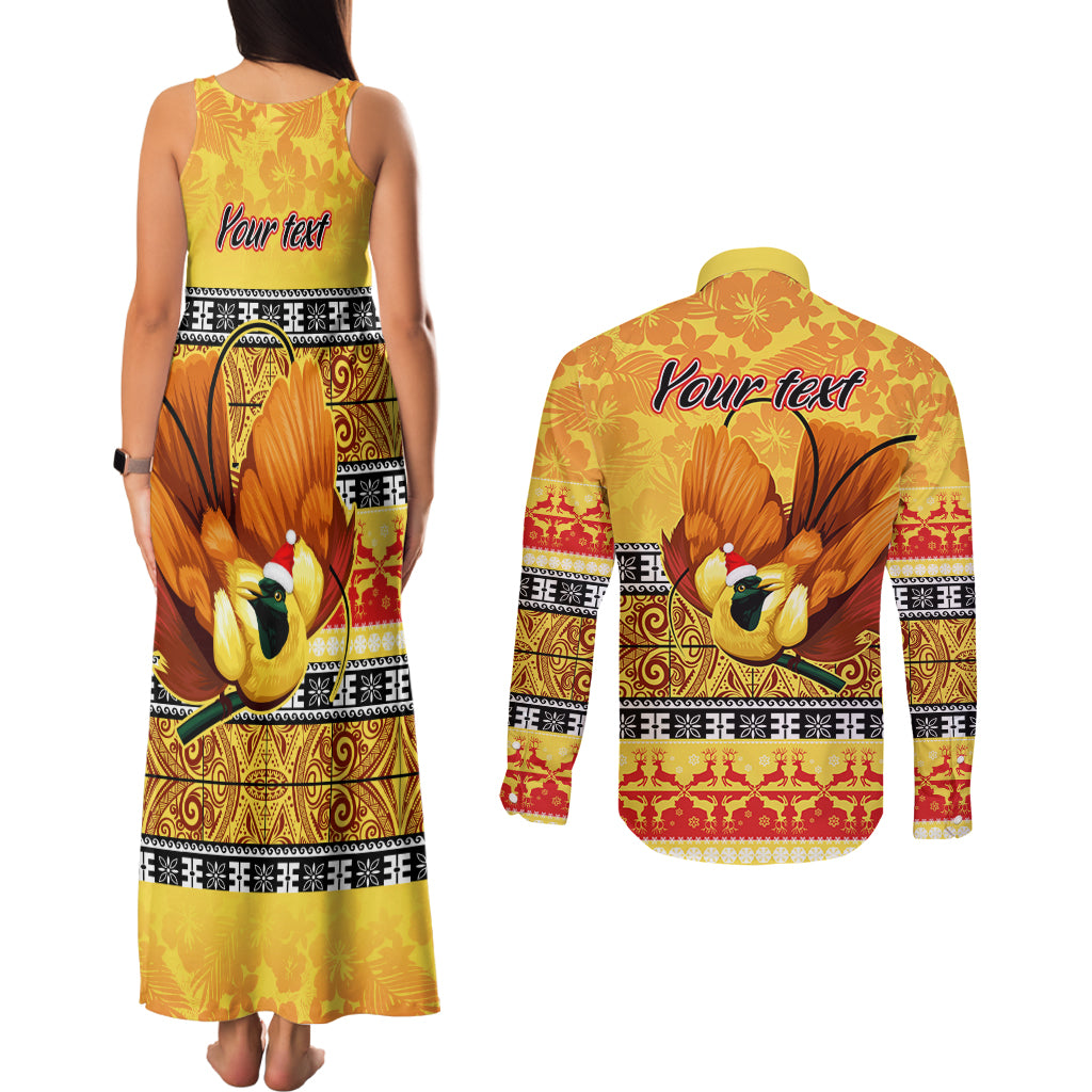 Personalised PNG Hamamas Krismas Couples Matching Tank Maxi Dress and Long Sleeve Button Shirt Papua New Guinea Bird Of Paradise Merry Christmas Gold Style LT9 - Polynesian Pride