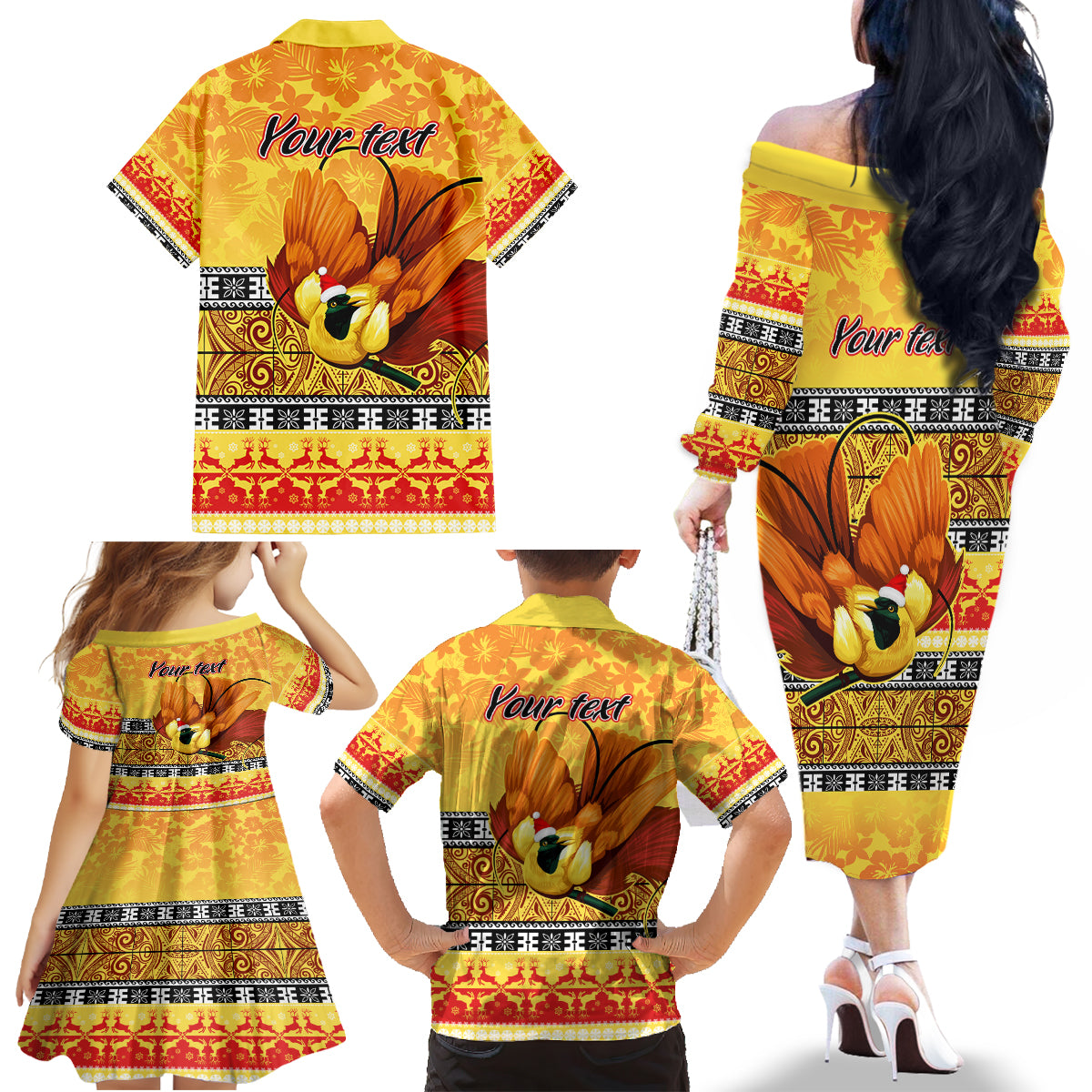 Personalised PNG Hamamas Krismas Family Matching Off Shoulder Long Sleeve Dress and Hawaiian Shirt Papua New Guinea Bird Of Paradise Merry Christmas Gold Style LT9 - Polynesian Pride