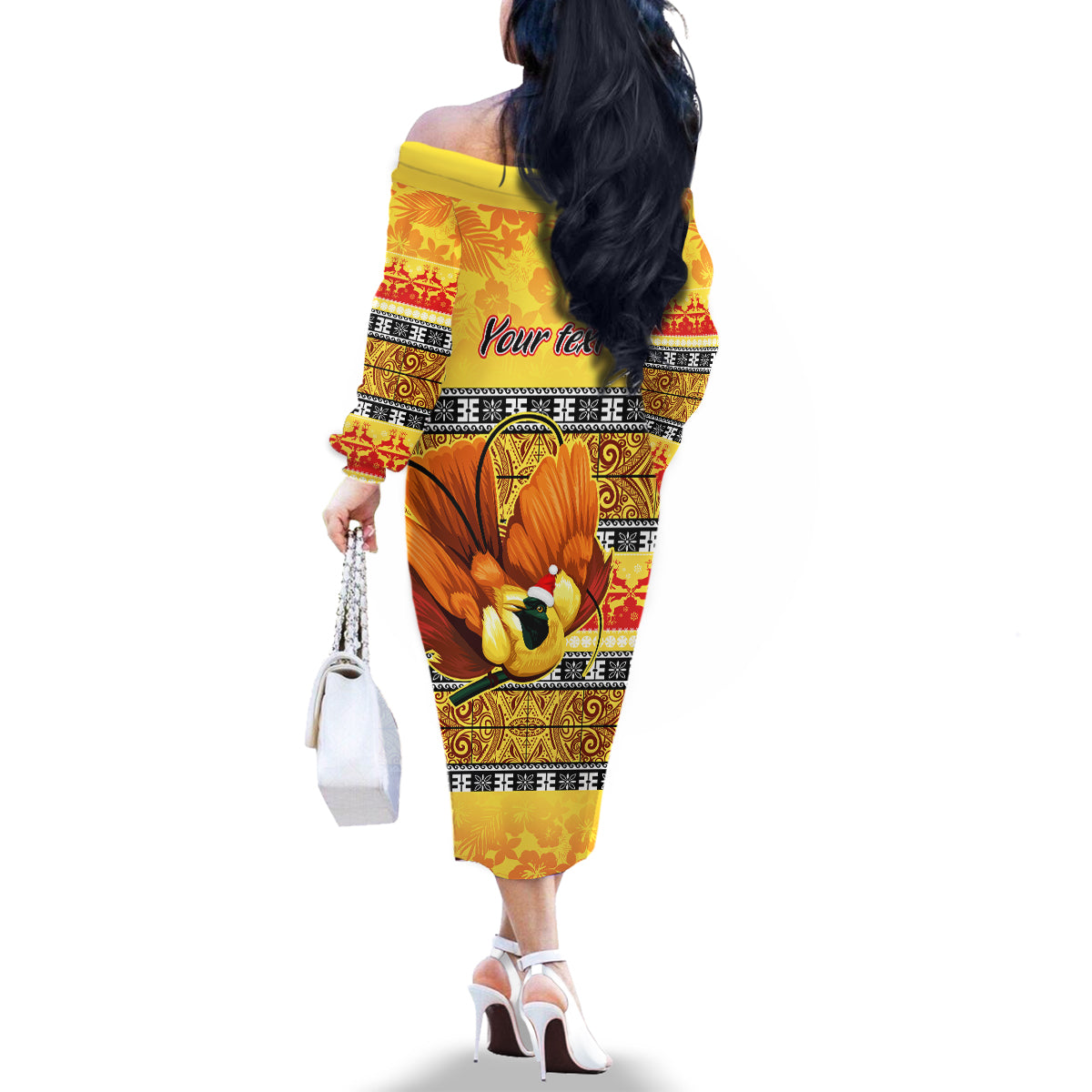 Personalised PNG Hamamas Krismas Family Matching Off Shoulder Long Sleeve Dress and Hawaiian Shirt Papua New Guinea Bird Of Paradise Merry Christmas Gold Style LT9 - Polynesian Pride