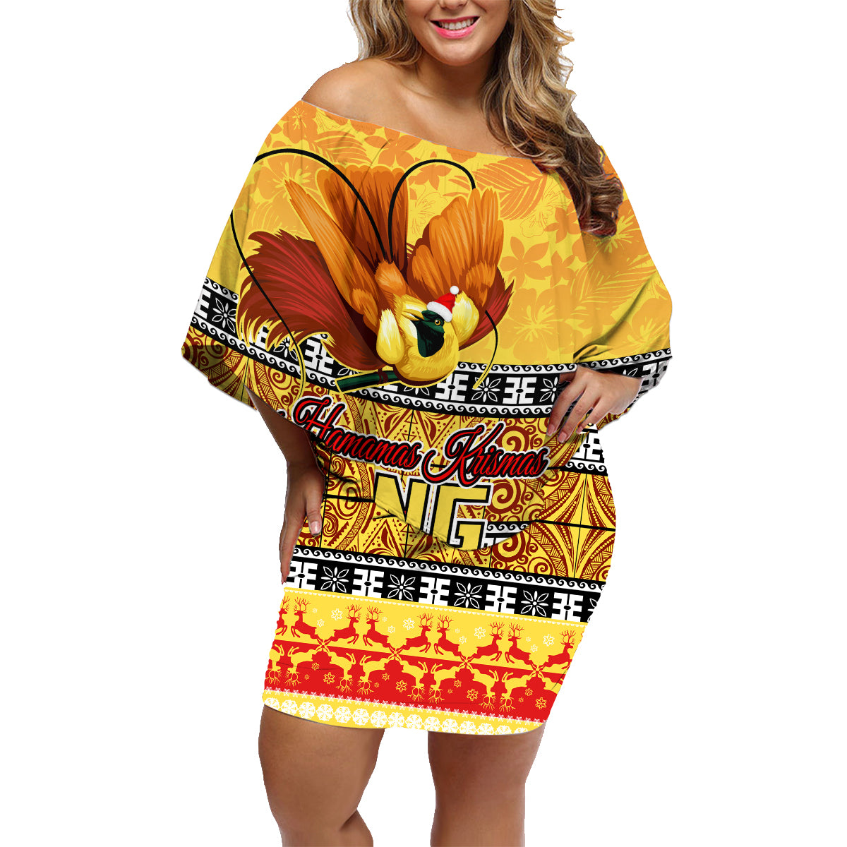 Personalised PNG Hamamas Krismas Family Matching Off Shoulder Short Dress and Hawaiian Shirt Papua New Guinea Bird Of Paradise Merry Christmas Gold Style LT9 Mom's Dress Gold - Polynesian Pride