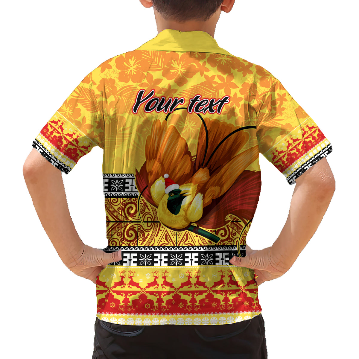 Personalised PNG Hamamas Krismas Family Matching Short Sleeve Bodycon Dress and Hawaiian Shirt Papua New Guinea Bird Of Paradise Merry Christmas Gold Style LT9 - Polynesian Pride