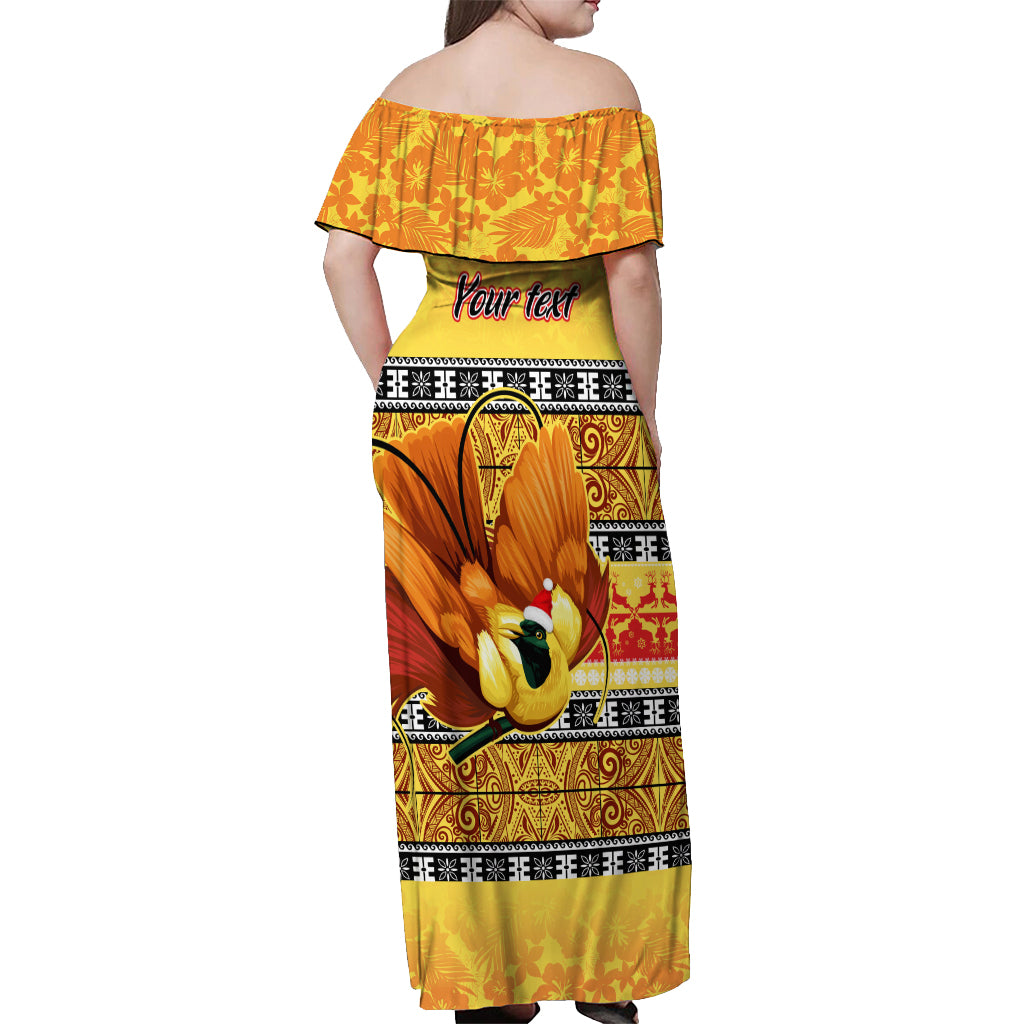 Personalised PNG Hamamas Krismas Off Shoulder Maxi Dress Papua New Guinea Bird Of Paradise Merry Christmas Gold Style LT9 - Polynesian Pride