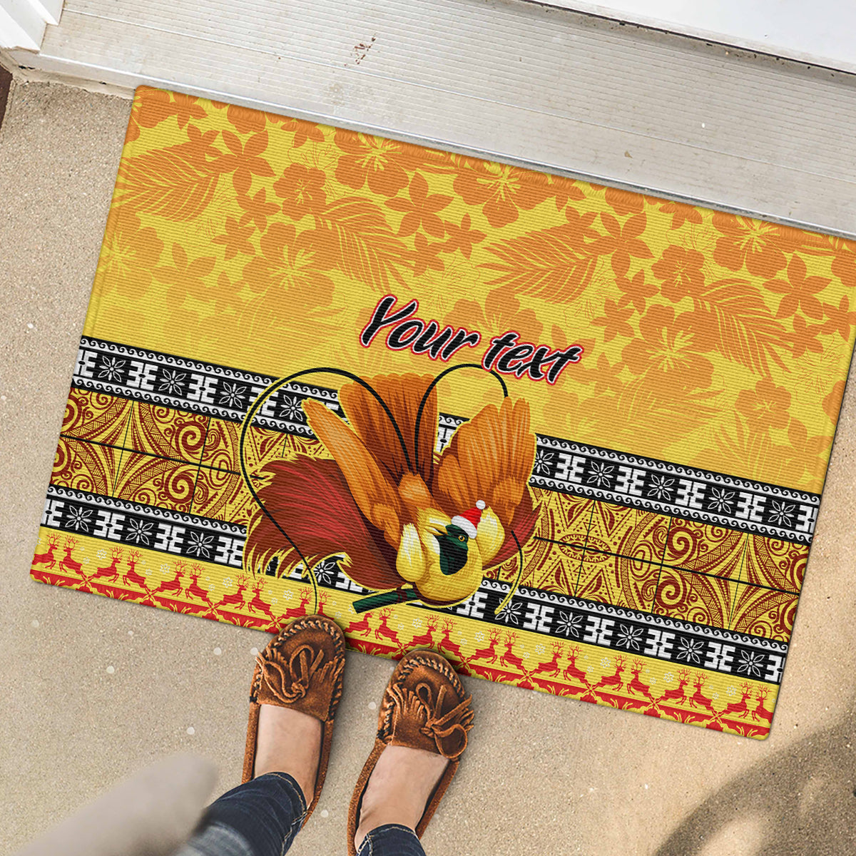 Personalised PNG Hamamas Krismas Rubber Doormat Papua New Guinea Bird Of Paradise Merry Christmas Gold Style LT9 - Polynesian Pride