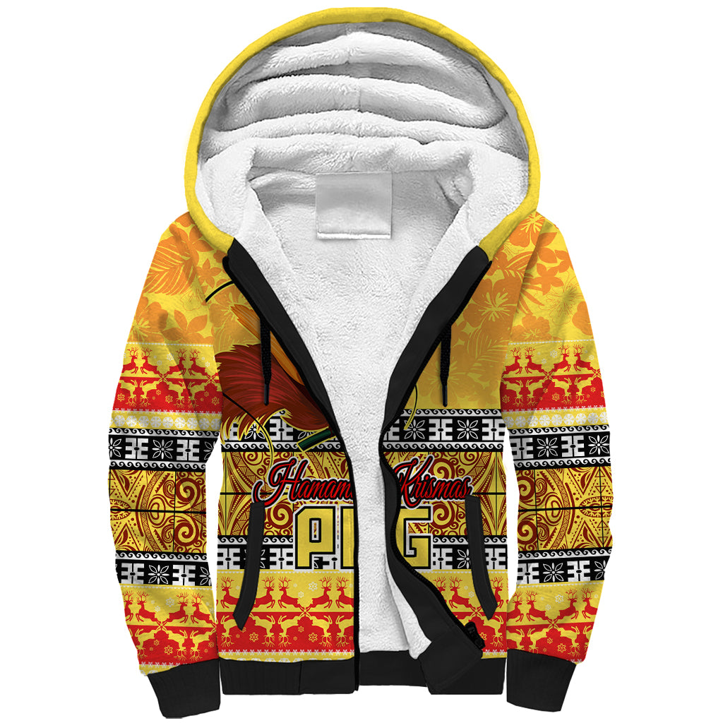 Personalised PNG Hamamas Krismas Sherpa Hoodie Papua New Guinea Bird Of Paradise Merry Christmas Gold Style LT9 Unisex Gold - Polynesian Pride